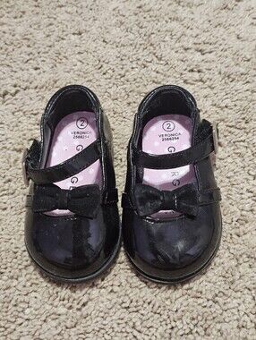 New! Infant Toddler Girls Shoes - Size 2 George Brand - Black w/ Buckles & Bows